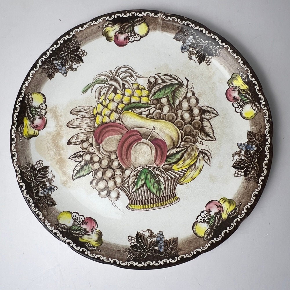 Autumn Harvest Platter Ironstone 15" Fruit Basket Huge Hand Decorated Brown Fall